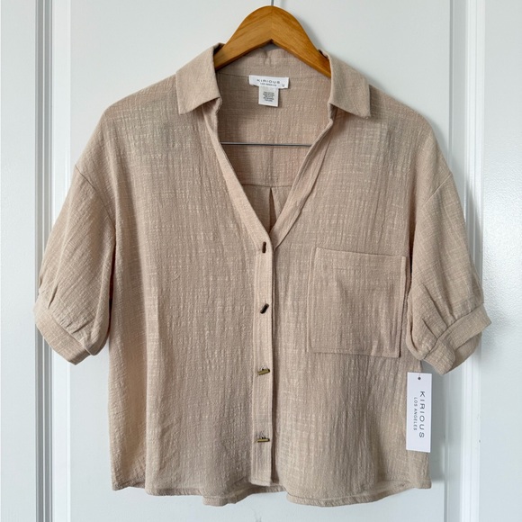 KIRIOUS LOS ANGELES Tops - KIRIOUS Beige Short Sleeve Button Front Shirt